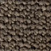 Looped pile fabric texture in gray-brown, displaying dense, irregular loops and heathered color variations from beige to charcoal gray.